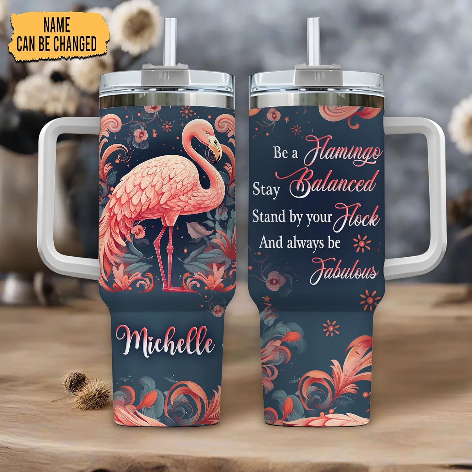 Flamingo Tumbler 40oz with Handle & Straw – Personalized Stainless Steel Insulated Travel Cup with Lid – Stylish Gift for Flamingo Lovers