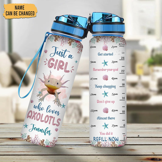 Axolotl Lovers Water Bottle Tracker 32oz Personalized – Cute Sea Creature Motivational Bottle with Time Marker – Unique Gift for Women