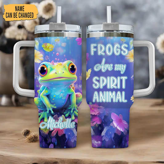Colorful Frog Tumbler 40oz with Handle & Straw – Personalized Stainless Steel Cup with Lid – Cute Animal Lover Gift for Women & Kids