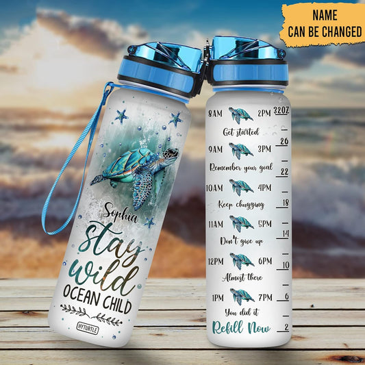 Ocean Child Turtle Water Bottle Tracker 32oz Personalized – Beach Sea Life Design Hydration Bottle with Time Marker – Unique Gift for Women