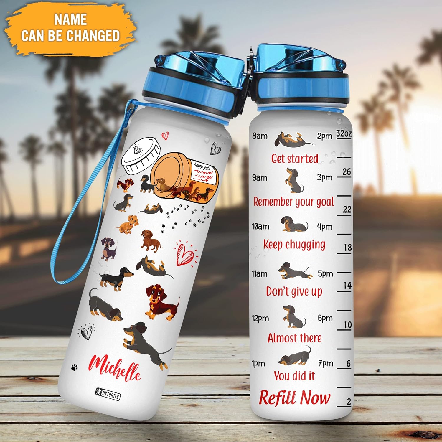 Dachshund Happy Pills Water Bottle Tracker 32oz – Personalized Motivational Bottle with Time Marker – Fun Gift for Dog Lovers