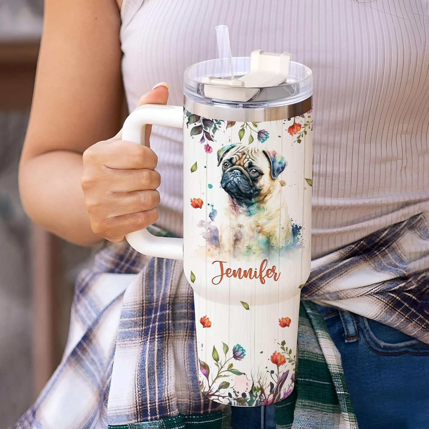 Cute Pug Lover Tumbler 40oz with Handle & Straw – Personalized Stainless Steel Travel Cup with Lid – Gift for Dog Lovers