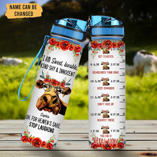 Funny Cow Water Bottle Tracker 32oz – Personalized Hydration Bottle with Time Marker – Creative Gift for Cow Lovers