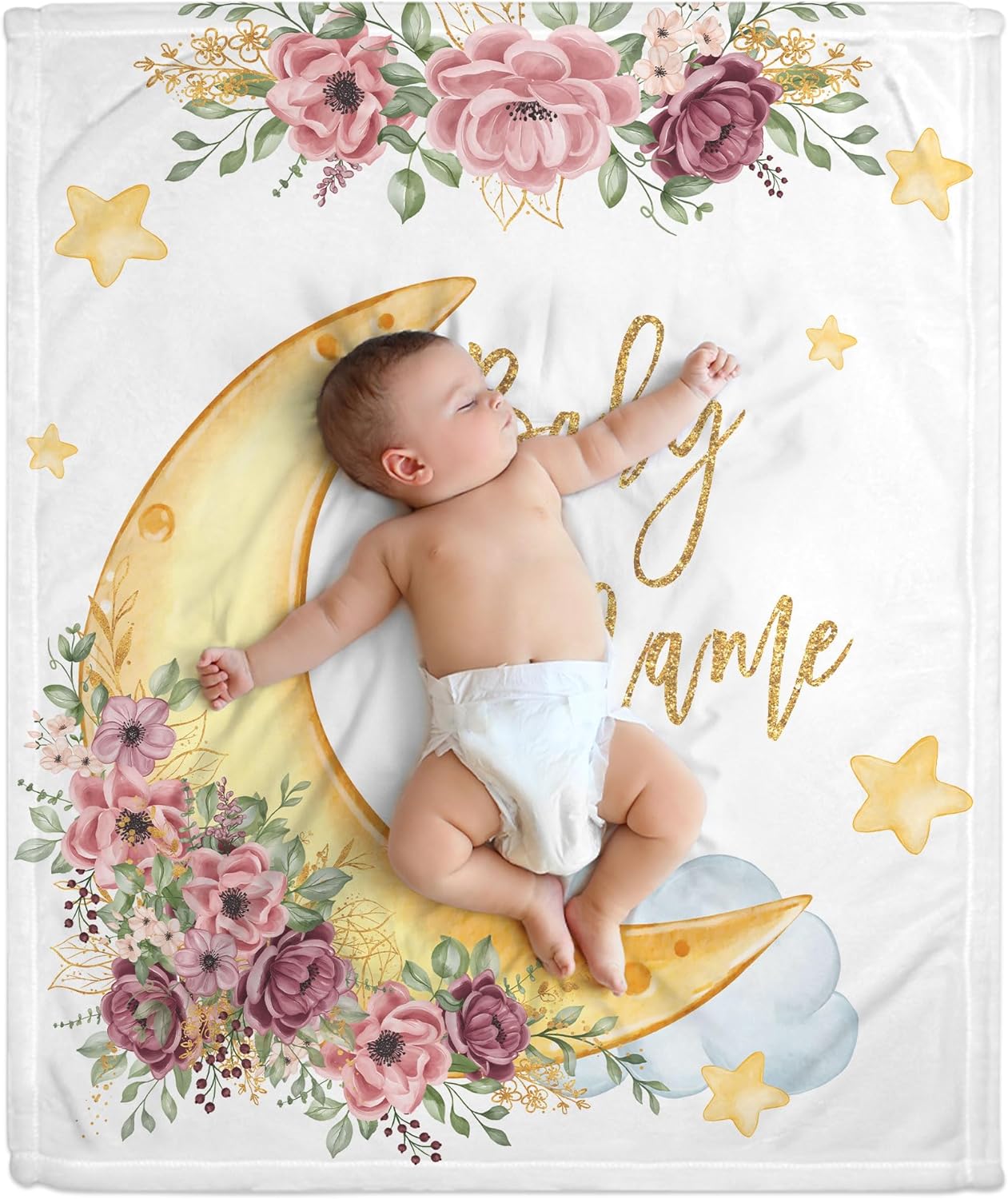 Floral Moon Baby Blanket - Personalized Blanket