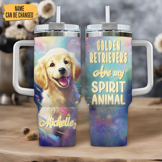Golden Retriever Spirit Animal Tumbler 40oz – Personalized Stainless Steel Travel Cup with Handle & Straw – Perfect Gift for Dog Moms
