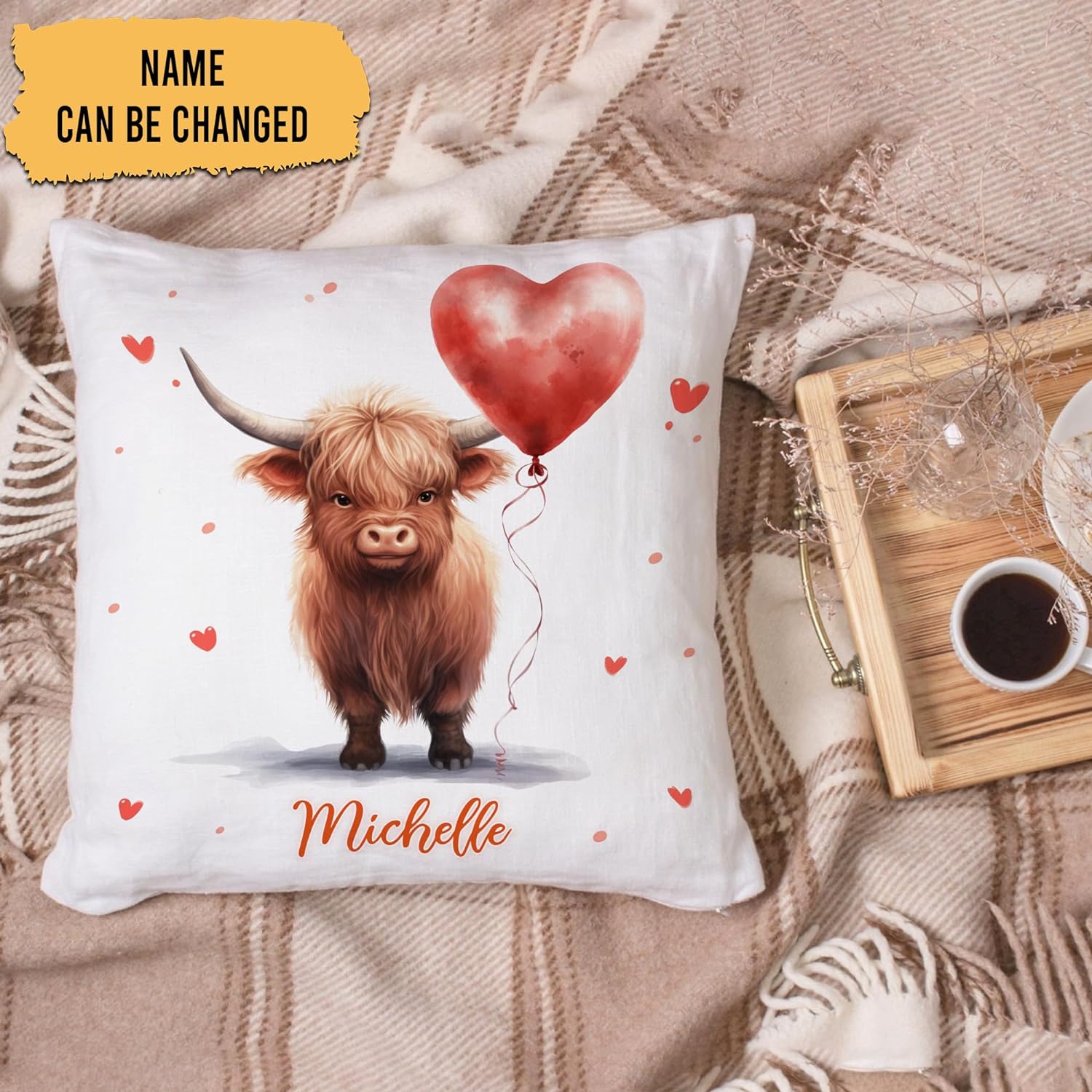 Highland Cow Valentine Pattern - Personalized Pillow (Insert Included)