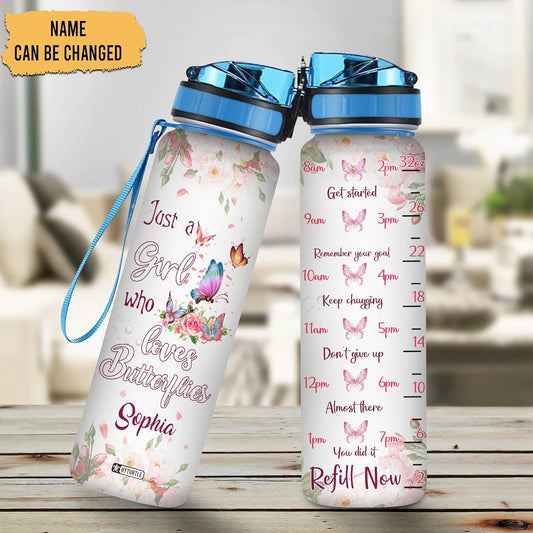 Butterfly Lover Water Bottle Tracker 32oz Personalized – Cute Motivational Bottle with Time Marker – Unique Gift for Women
