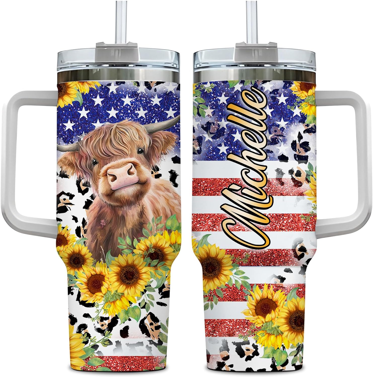 Highland Cow & Sunflower Tumbler 40oz with Handle & Straw – Personalized Stainless Steel Travel Cup with Lid – Cute Farm Animal Gift for Women