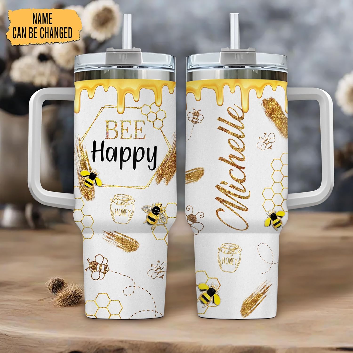 Bee & Honeycomb Tumbler 40oz with Handle & Straw – Personalized Stainless Steel Insulated Travel Cup with Lid – Unique Gift for Bee Lovers