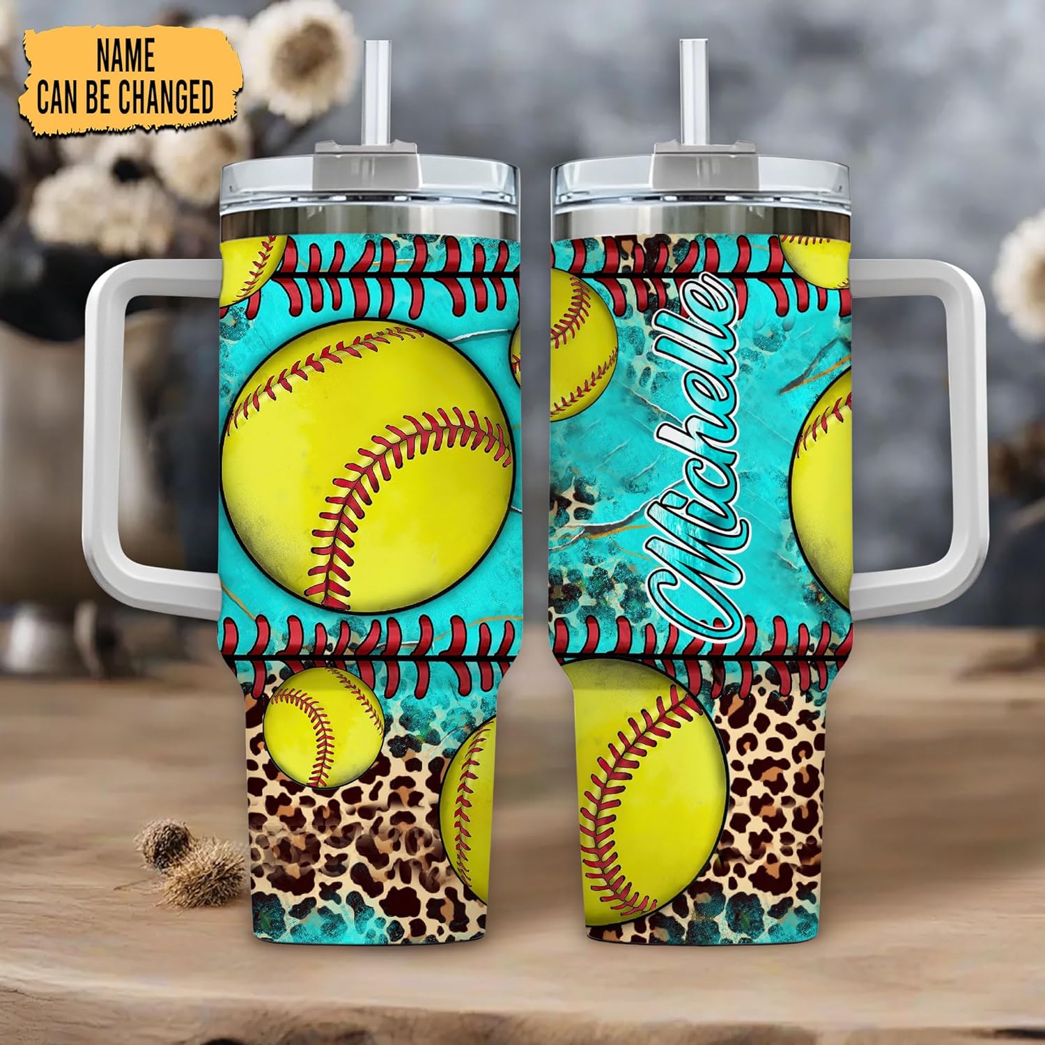 Softball Tumbler 40oz with Handle & Straw – Personalized Stainless Steel Insulated Travel Cup with Lid – Fun Sports Gift for Players & Coaches