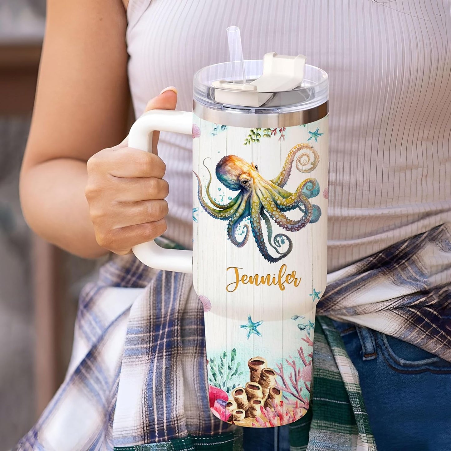 Artistic Octopus 40oz Tumbler with Handle & Straw – Personalized Stainless Steel Insulated Travel Cup with Lid – Creative Gift for Ocean Lovers
