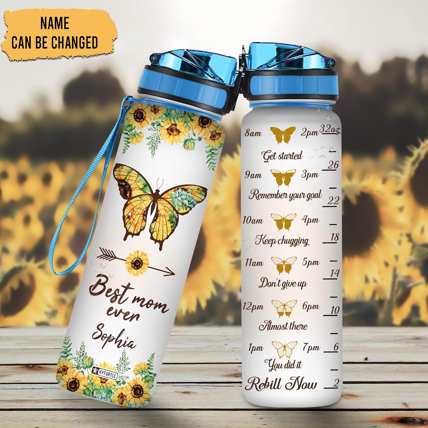 Best Mom Ever Butterfly Sunflower Water Bottle Tracker 32oz – Personalized Motivational Hydration Bottle – Heartfelt Gift for Mom