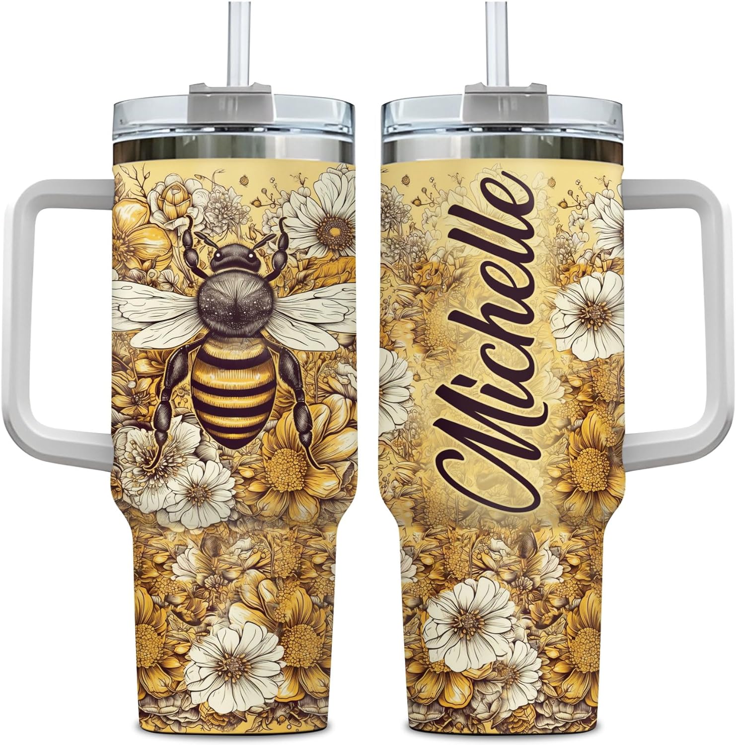 Bee & Sunflower Tumbler 40oz – Personalized Stainless Steel Insulated Cup with Handle & Straw – Cheerful Gift for Bee Lovers