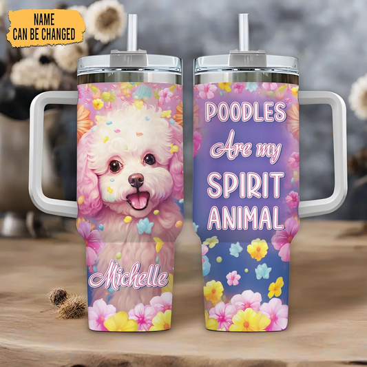 Poodle Spirit Animal Tumbler 40oz – Personalized Stainless Steel Travel Cup with Handle & Straw – Cute Gift for Dog Moms & Pet Lovers