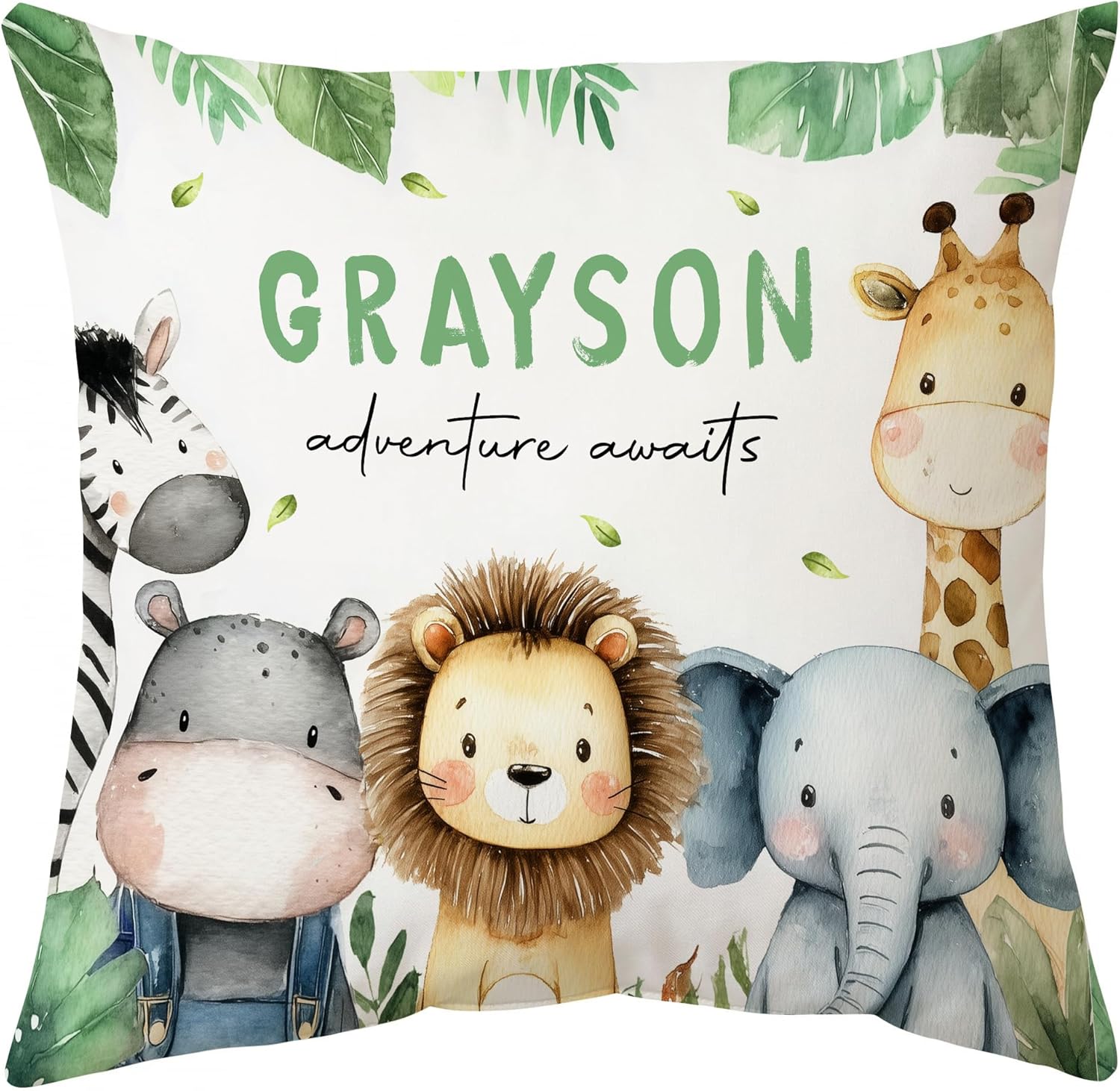 Safari Adventure Personalized Nursery Pillow with Insert – Custom Name Baby Animal Cushion – Adorable Gift for Baby Boy or Girl