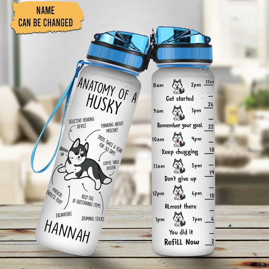 Husky Anatomy Water Bottle Tracker 32oz – Personalized Motivational Bottle with Time Marker – Funny Pet Lover Gift for Women