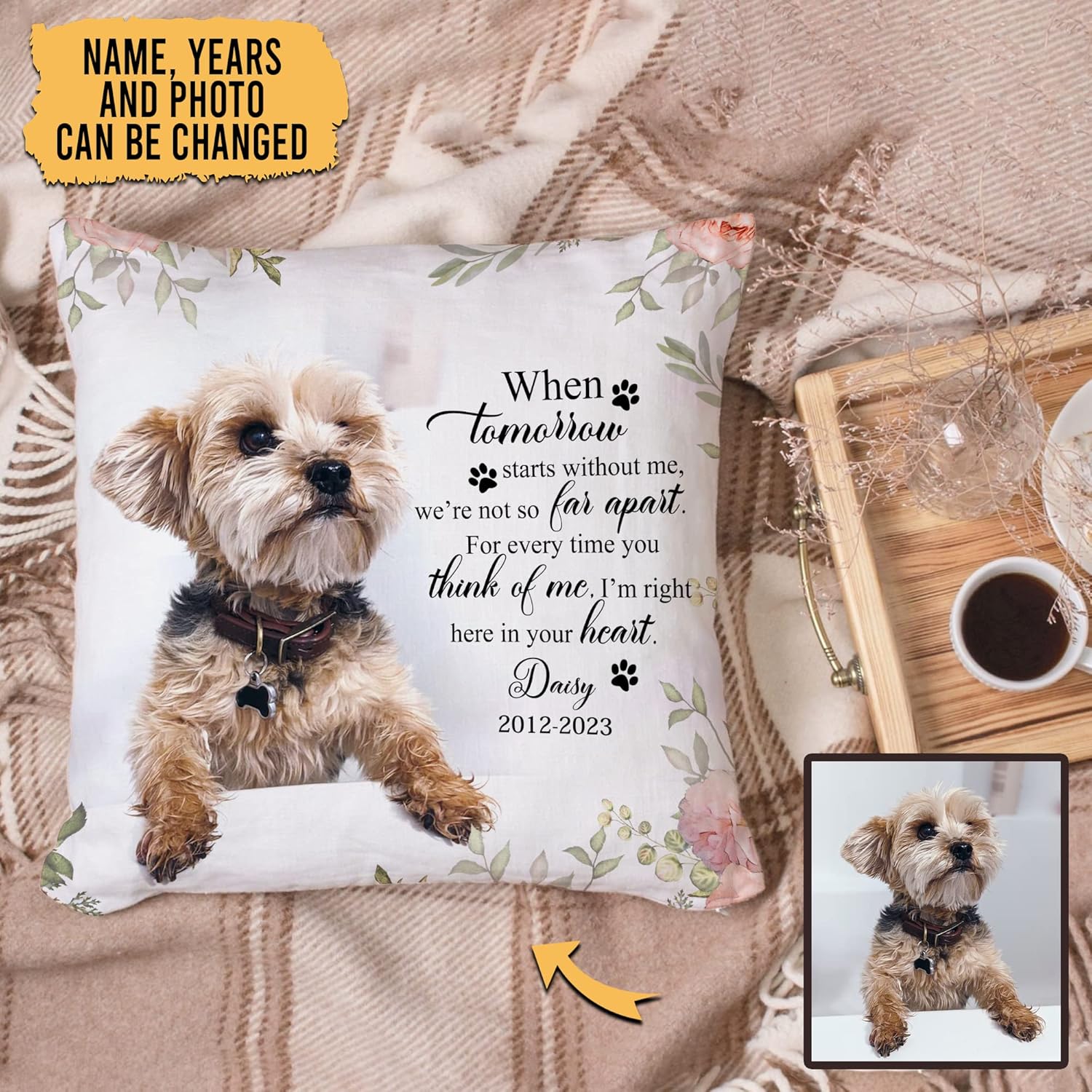 Personalized Pet Memorial Pillow with Insert – Custom Dog Photo Remembrance Cushion – Sympathy Gift for Pet Loss