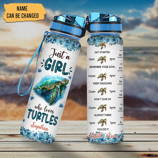 Turtle Lovers Water Bottle Tracker 32oz Personalized – Cute Sea Turtle Motivational Bottle with Time Marker – Stylish Gift for Women