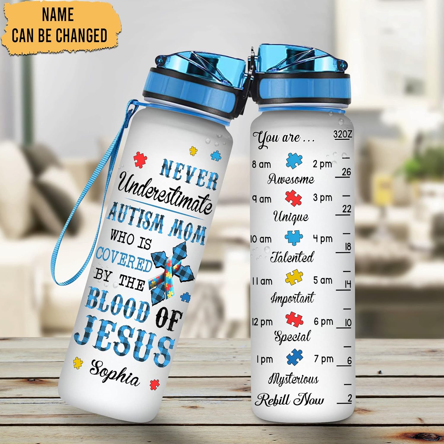 Autism Awareness Mom Cross Water Bottle Tracker 32oz – Personalized Motivational Hydration Bottle – Inspirational Gift for Strong Moms