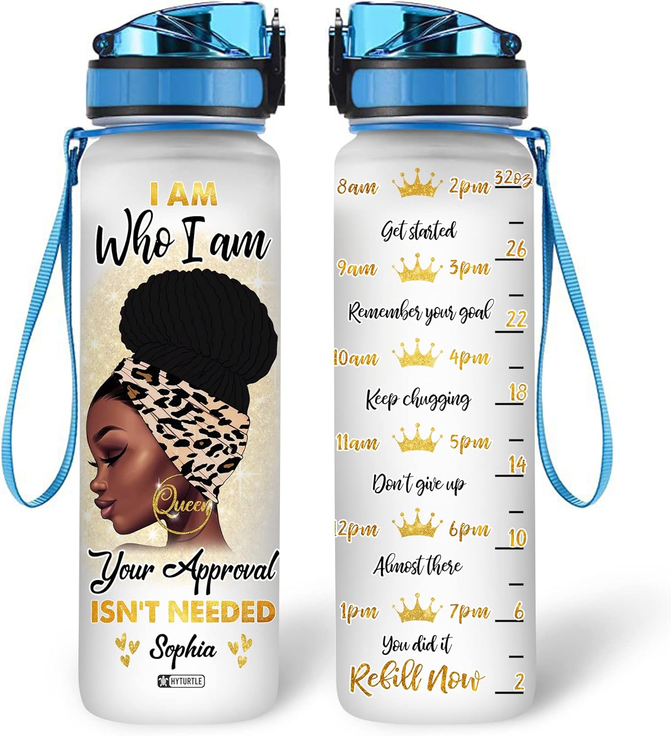 African American Queen Water Bottle Tracker 32oz – Personalized Motivational Bottle with Time Marker – Empowering Gift for Black Women