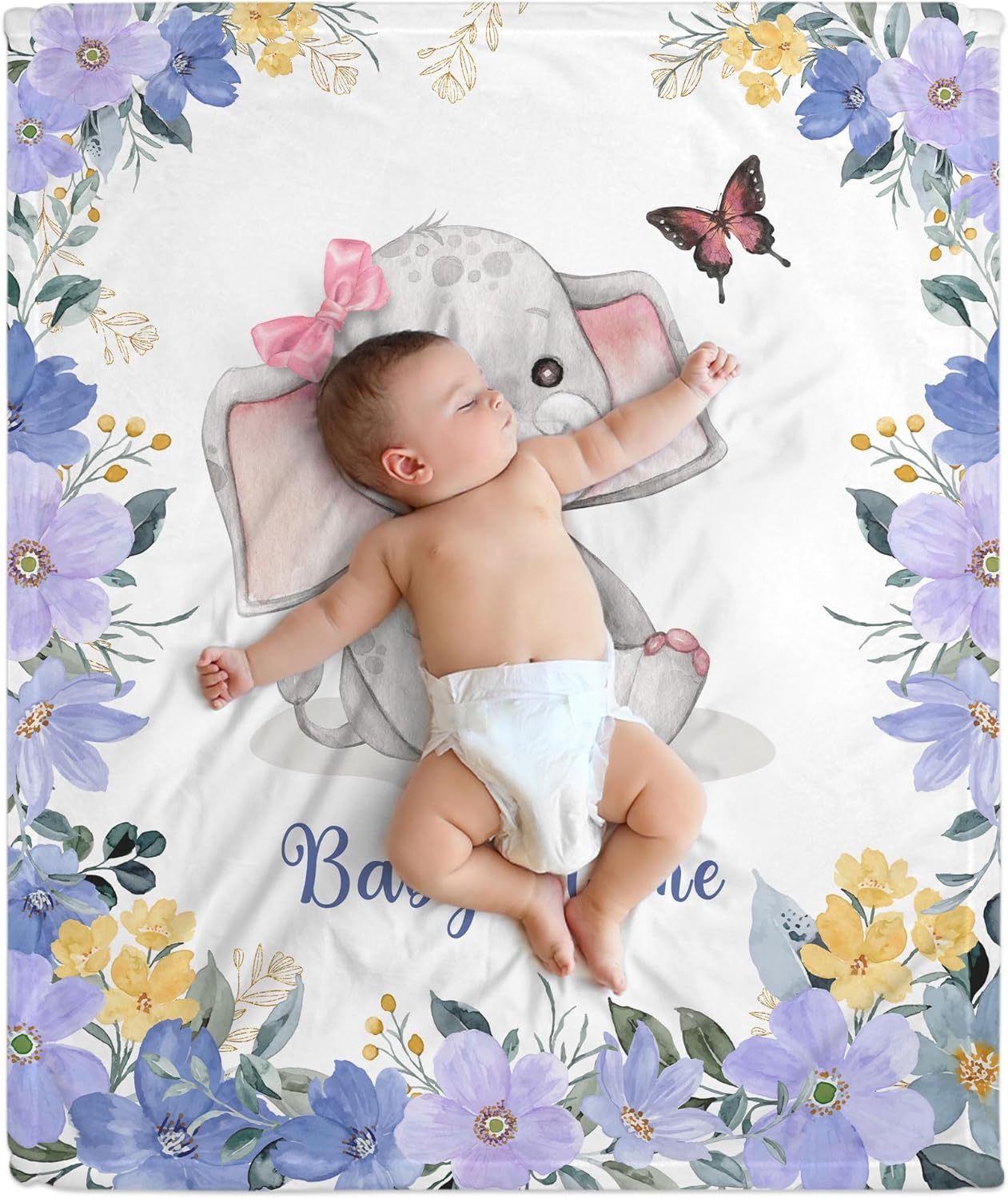 Flowers Elephant Baby Blanket - Personalized Blanket