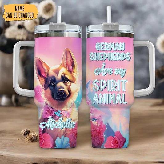 German Shepherd Spirit Animal Tumbler 40oz – Personalized Stainless Steel Insulated Cup with Handle & Straw – Unique Gift for Dog Lovers