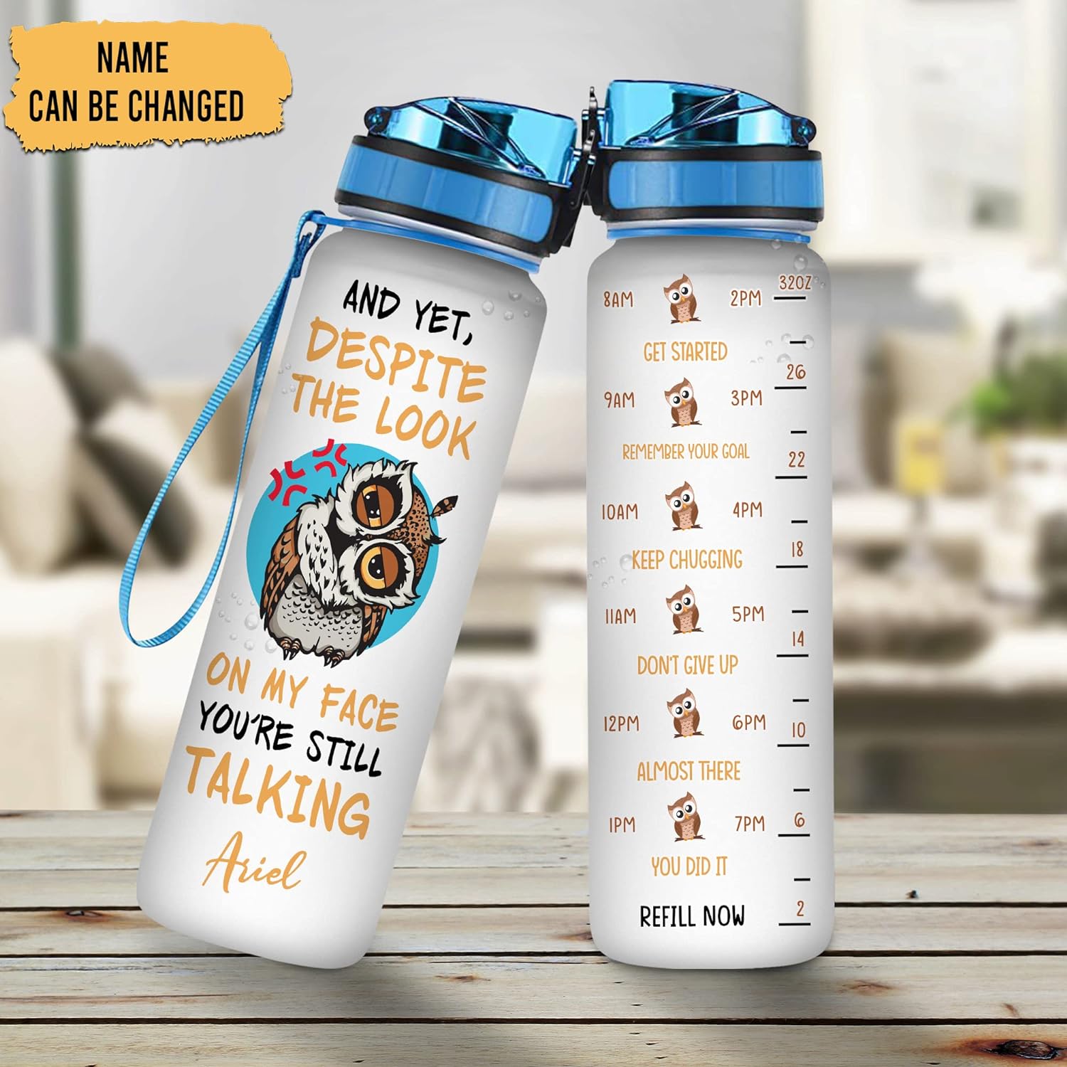 Funny Owl Lovers Water Bottle Tracker 32oz Personalized – Motivational Animal Bottle with Time Marker – Unique Gift for Women