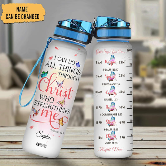 Christ Butterfly Water Bottle Tracker 32oz Personalized – Motivational Christian Daily Bottle with Time Marker – Inspirational Gift for Women