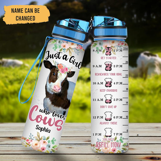 Cow Lovers Water Bottle Tracker 32oz – Personalized Motivational Bottle with Time Marker – Unique Gift for Farm Animal Fans