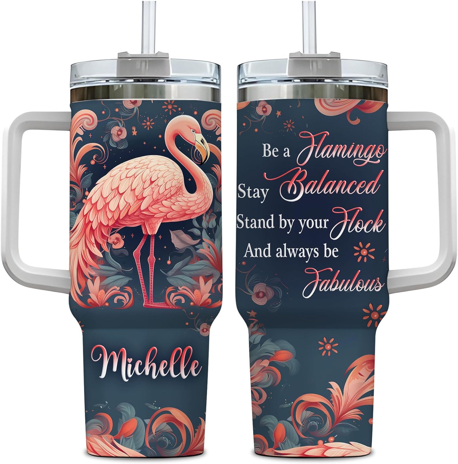 Flamingo Tumbler 40oz with Handle & Straw – Personalized Stainless Steel Insulated Travel Cup with Lid – Stylish Gift for Flamingo Lovers