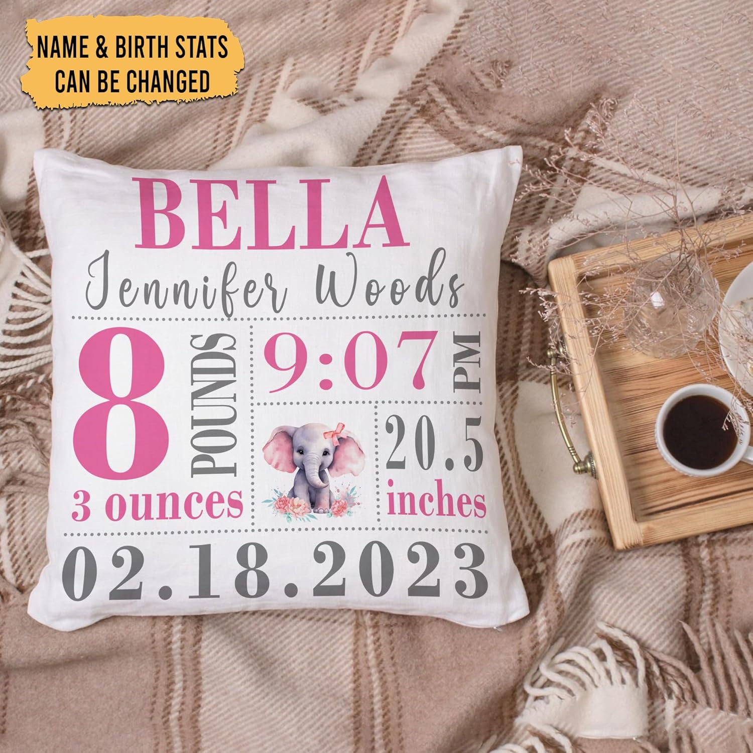 Baby Elephant Birth Stats Personalized Pillow with Insert – Custom Nursery Cushion – New Baby Girl Keepsake Gift for Parents