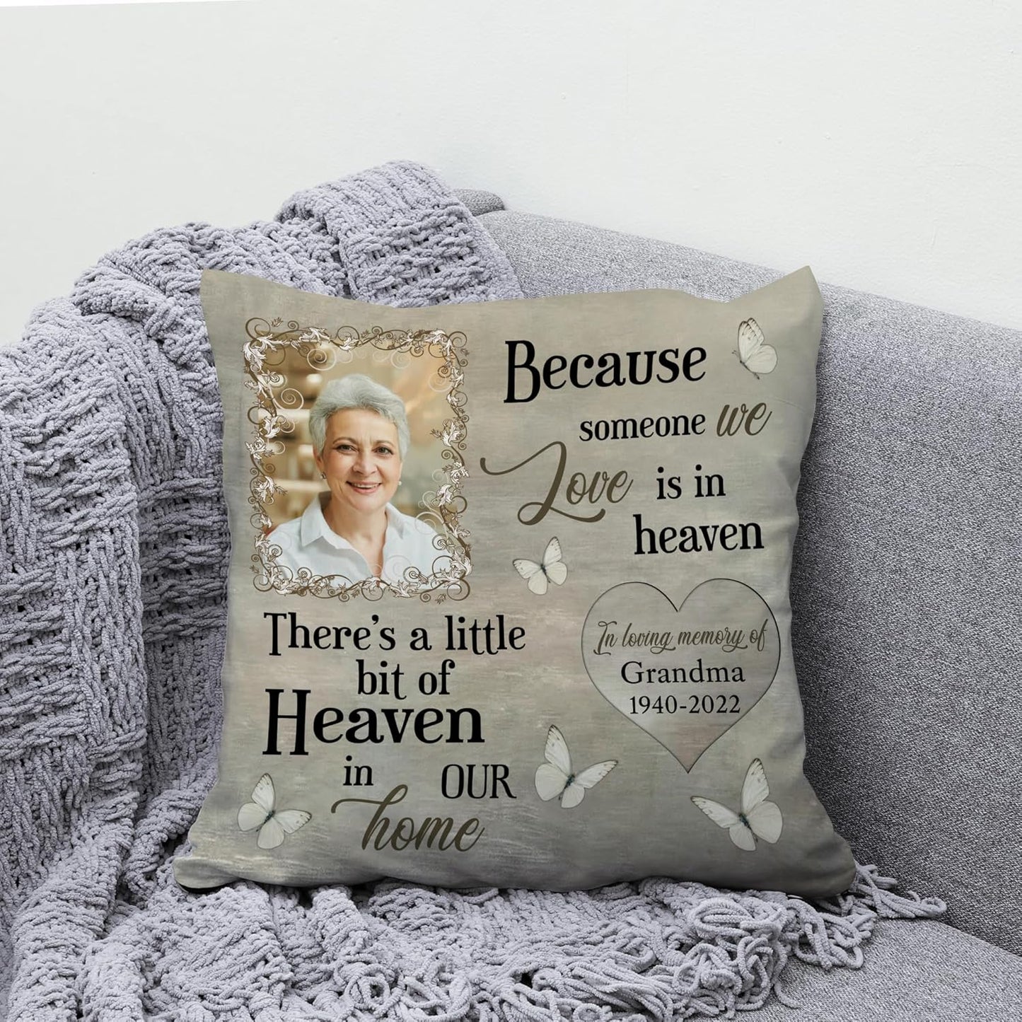 Because Someone We Love Is in Heaven – Personalized Memorial Pillow with Insert – Butterfly Remembrance Cushion Gift for Family and Friends