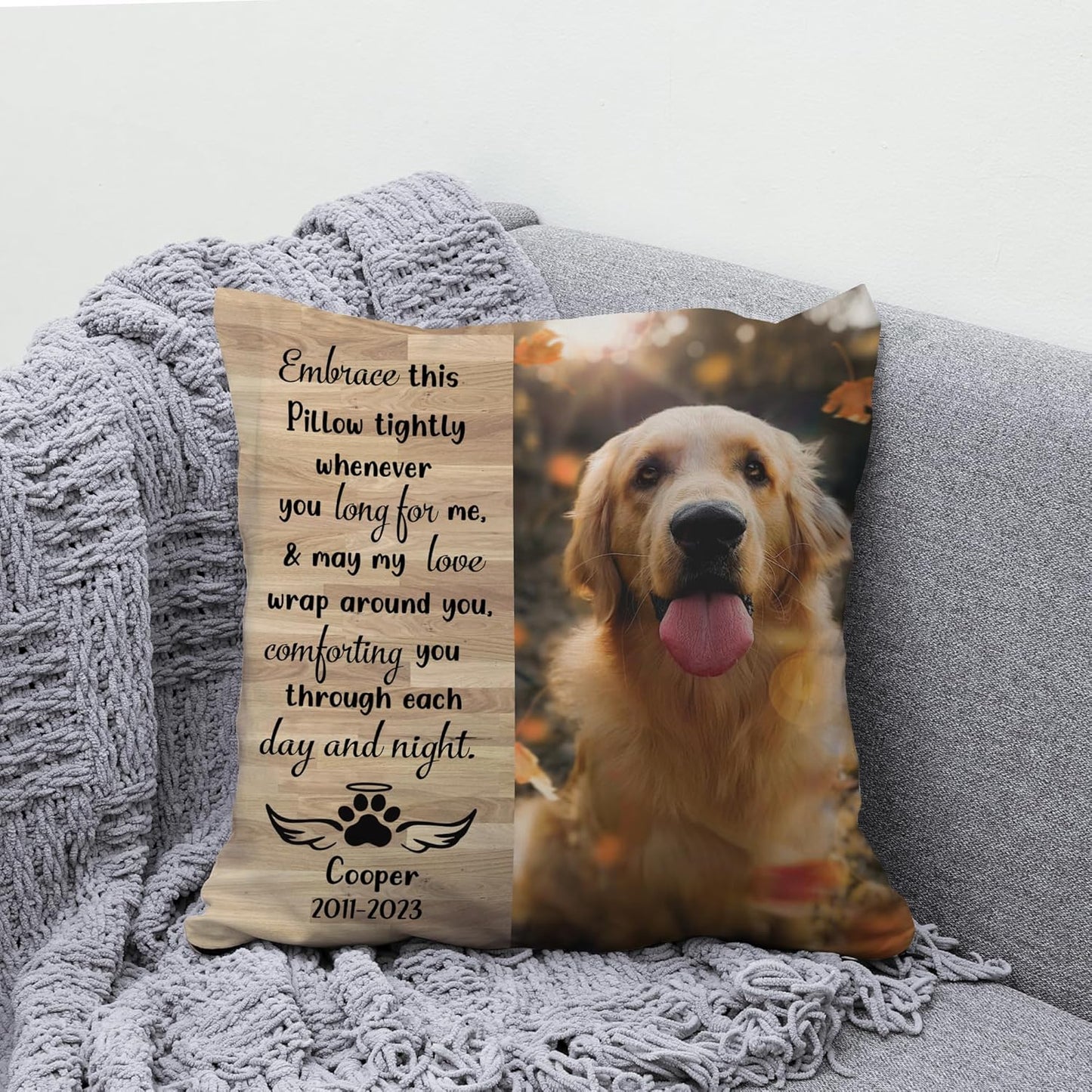Woodgrain Pet Memorial Personalized Pillow with Insert – Custom Name Dog Remembrance Cushion – Healing Gift for Pet Loss and Comfort