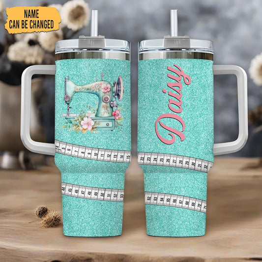 Teal Glitter Sewing Tumbler 40oz with Handle & Straw – Personalized Stainless Steel Insulated Travel Cup with Lid – Stylish Gift for Quilters & Crafters