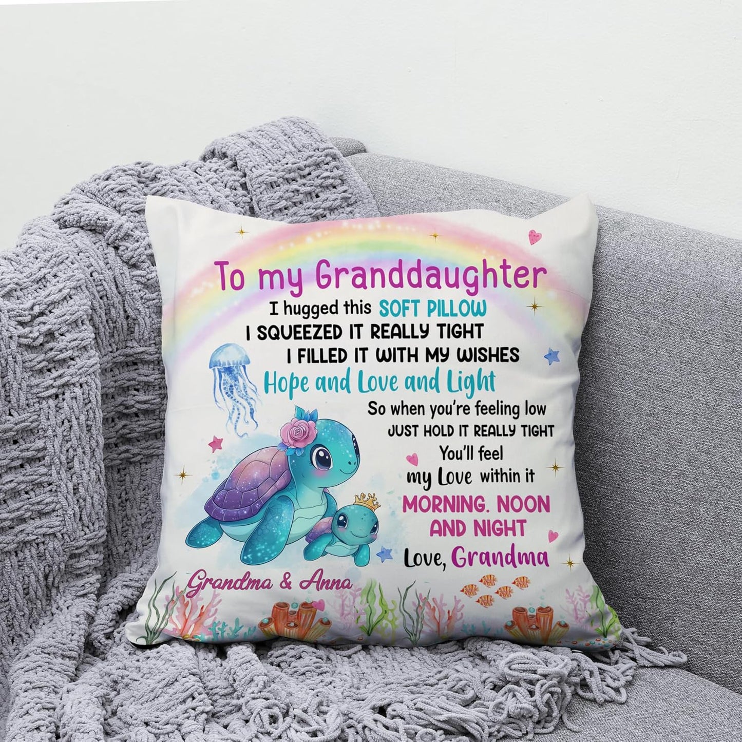 Personalized Pillow with Insert – To My Granddaughter Sea Turtle Design – Birthday or Graduation Gift from Grandma