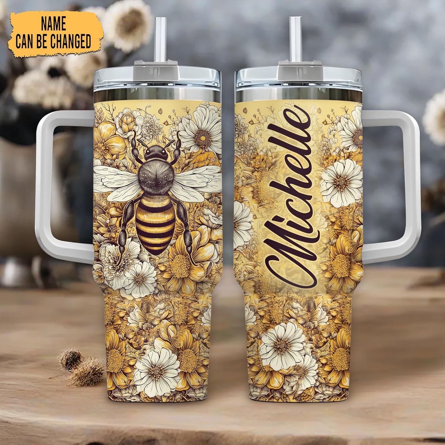 Bee & Sunflower Tumbler 40oz – Personalized Stainless Steel Insulated Cup with Handle & Straw – Cheerful Gift for Bee Lovers