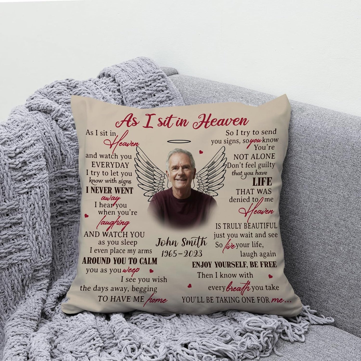 Personalized “As I Sit in Heaven” Memorial Pillow with Insert – Custom Photo Remembrance Gift – Sympathy Throw Pillow for Healing Comfort