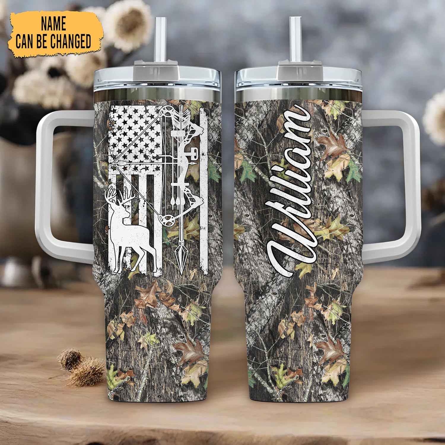 Deer Hunting Camo Tumbler 40oz with Handle & Straw – Personalized Stainless Steel Insulated Travel Cup with Lid – Rugged Gift for Hunters & Outdoorsmen