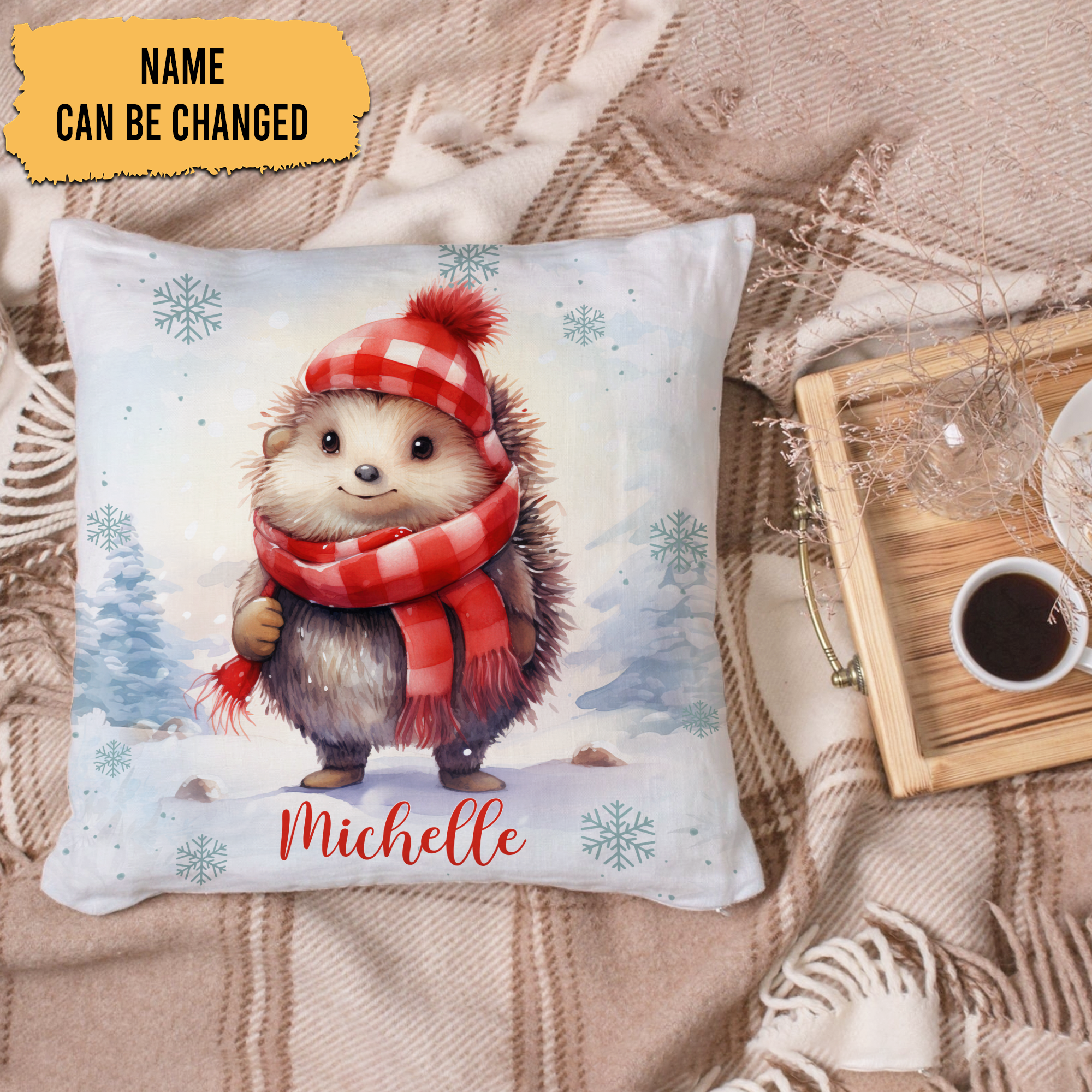 Hedgehog Snow Pattern - Personalized Pillow (Insert Included)