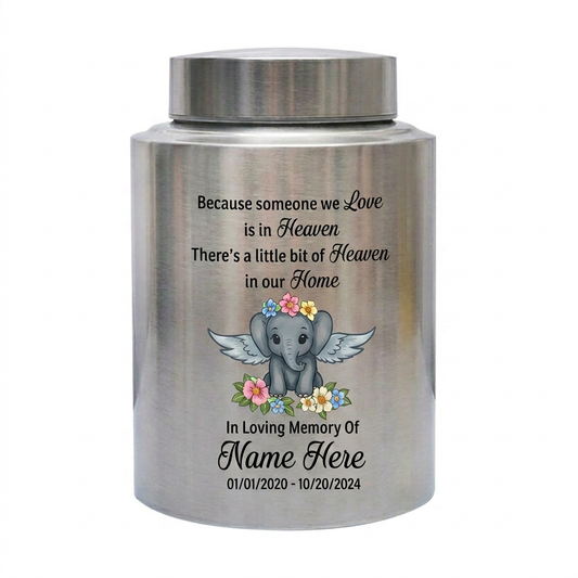 Personalized Baby Elephant Stainless Steel Cremation Urn for Infant Boy Girl Ashes Custom Because Someone We Love is in Heaven UV Print Decor Memorial Keepsake Urn, Memorial Gift, In Loving Memory - Image 2