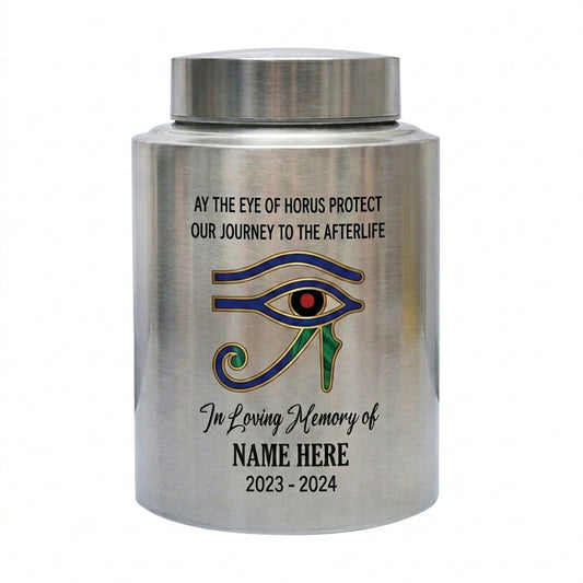Personalized Eye of Horus Egyptian Hamsa Evil Eye Stainless Steel Cremation Container for Human Ashes Bereavement Tribute Jar Memorial Keepsake Urn, Memorial Gift, In Loving Memory - Image 2