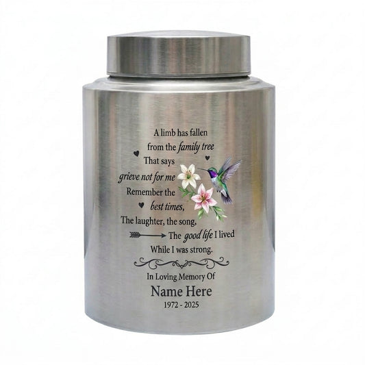 Personalized Hummingbird UV Printed Stainless Steel Cremation Ash Holder Family Tree Loss Sympathy Bereavement 4 Colors 2 Sizes Memorial Keepsake Urn, Memorial Gift, In Loving Memory - Image 2