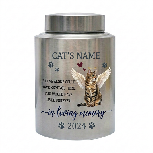 Personalized Angel Cat Silhouette Stainless Steel Pet Loss Bereavement Gift for Cat Mom Dad Custom Feline Remembrance Decor 5.9x3.9 or 7.5x5.1 in Memorial Keepsake Urn, Memorial Gift, In Loving Memory - Image 2