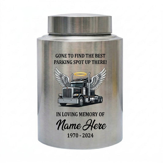 Personalized Semi Truck Angel Wings Stainless Steel Large Urn for Truck Driver Dad Husband Funeral Adult Male Ashes Holder 4 Colors 2 Sizes Memorial Keepsake Urn, Memorial Gift, In Loving Memory - Image 2