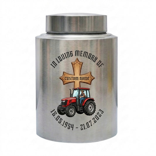 Personalized Farmer Tractor Gothic Cross Stainless Steel Urn for Human Ashes Loss of Father Grandfather Husband Decorative 5.9x3.9 7.5x5.1 Memorial Keepsake Urn, Memorial Gift, In Loving Memory - Image 2