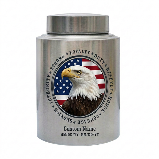 Personalized Patriotic Bald Eagle American Flag Stainless Steel Cremation Urn for Veteran Dad Men, Military Values Design Two Sizes Memorial Keepsake Urn, Memorial Gift, In Loving Memory - Image 2