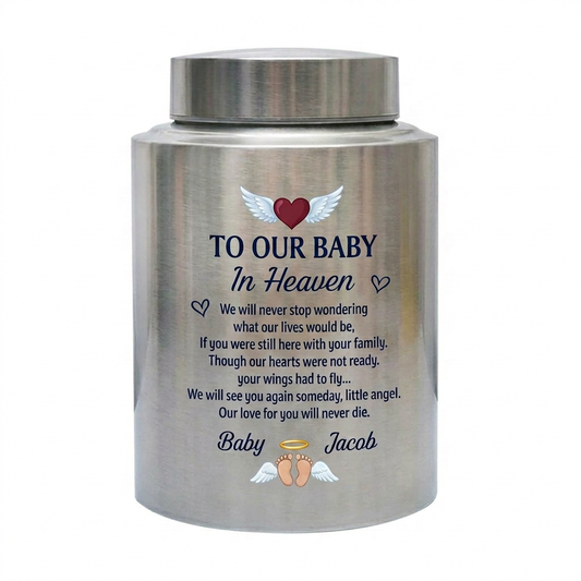 Personalized Infant Footprints Angel Wings Baby Loss Stainless Steel Urn For Grieving Parents Miscarriage Child Remembrance Small Or Large Memorial Keepsake Urn, Memorial Gift, In Loving Memory - Image 2