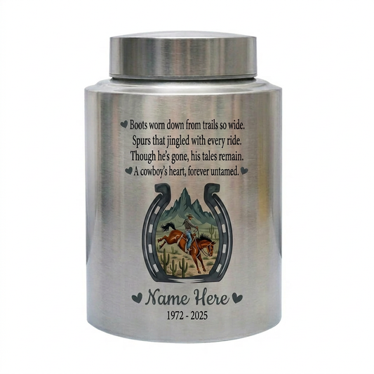Personalized Cowboy Boots Hat Horseshoe UV Printed Stainless Steel Urn for Adult Ashes Western Sympathy Father Husband Large Memorial Keepsake Urn, Memorial Gift, In Loving Memory - Image 2