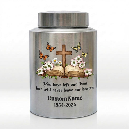 Personalized Christian Cross Bible Floral Urn, Custom Name Date Stainless Steel Adult Ash Container, Bereavement Sympathy Funeral Memorial Keepsake Urn, Memorial Gift, In Loving Memory - Image 2
