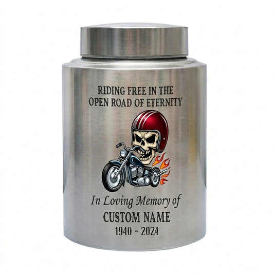 Personalized Motorcycle Stainless Steel Urns for Human Ashes Dad Husband Men Riding Free Biker Tribute UV Printed Large Small Sizes Memorial Keepsake Urn, Memorial Gift, In Loving Memory - Image 2